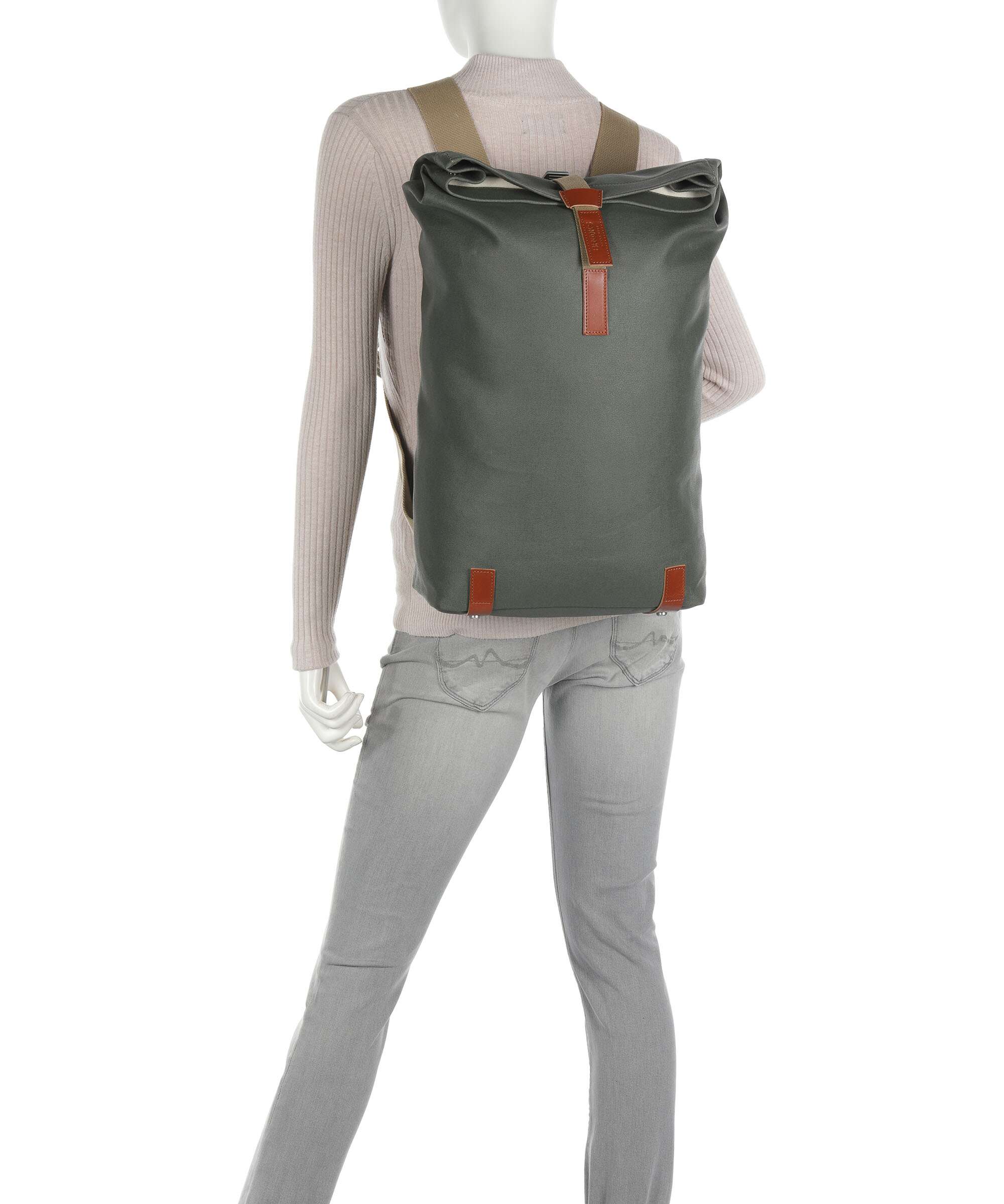 Brooks England Pickwick Cotton Canvas Large Rolltop backpack sage green/honey details